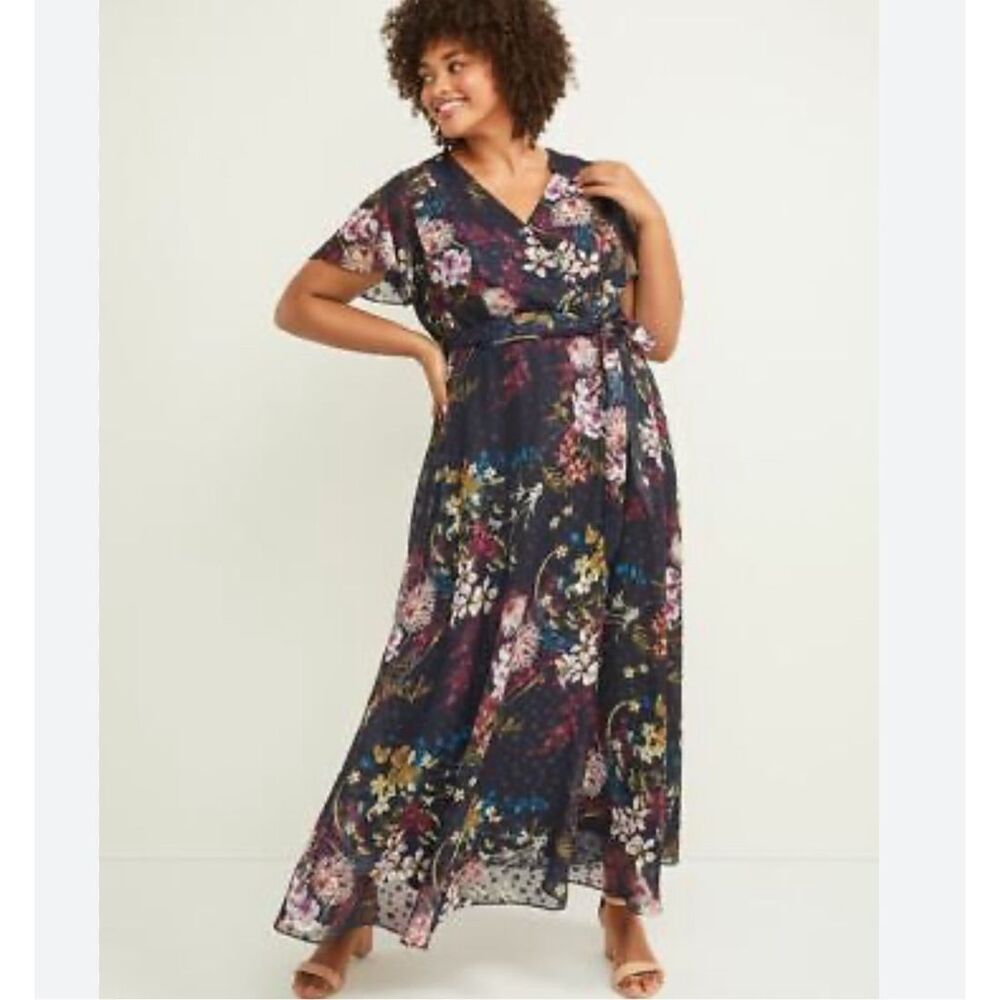 Lane Bryant 20W Floral Navy Blue Chiffon Dress Clip Dot Surplice Maxi NWT